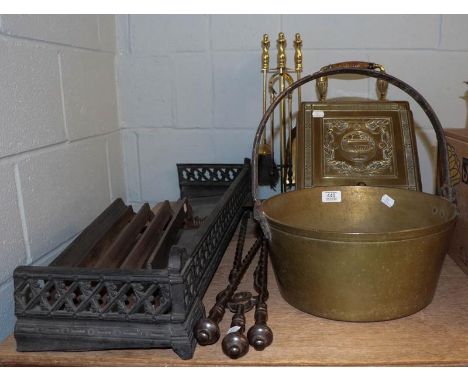 A quantity of 19th century metal wares including steel fire tools, copper coal scuttle, brass jam pan, fire grate and a small