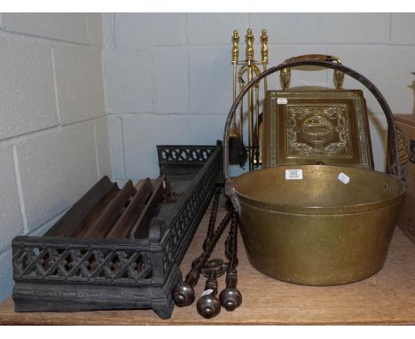 A quantity of 19th century metal wares including steel fire tools, copper coal scuttle, brass jam pan, fire grate and a small