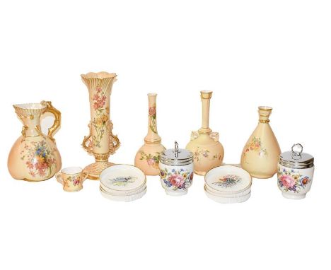 Royal Worcester blush items comprising coral formed jug, three specimen vases, another vase with scroll handles, a miniature 