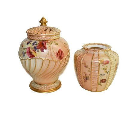 A Royal Worcester peach ground pot pourri vase and cover, painted with summer flowers and insects and caterpillars, with rais