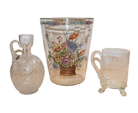 A 19th century glass vase with enamel decoration and two fern decorated glass (3)