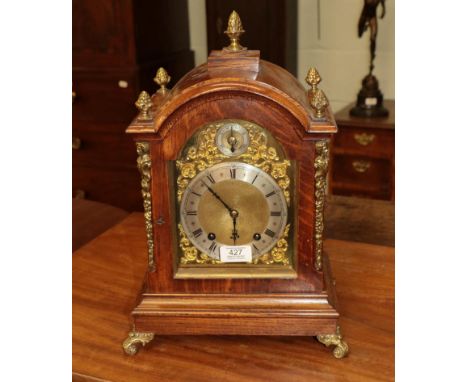 An oak cased quarter mantle clock, circa 1890, 41cm high, striking on two gongs movement back plated stamped WHSch