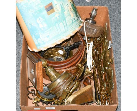 A box of metalwares, wooden items and glass etc including barometer, toasting forks, Chinese grain bucket, lamps etc (one box
