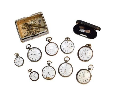 Five silver open faced pocket watches, another pocket watch case stamped 0.800, two lady's fob watches, plated chronograph po