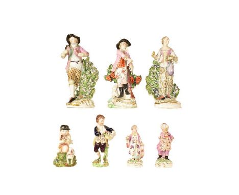 A pair of 18th century Derby figures, lady and gent at country pursuits raised on gilt Rococo bases, patch marks, together wi