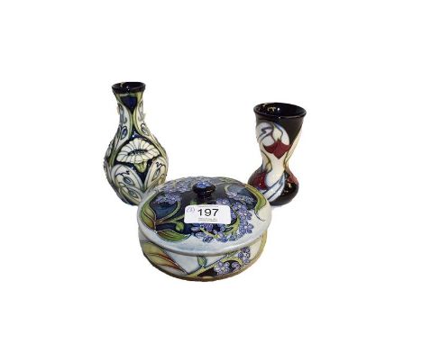 Two modern Moorcroft vases Dew Drop, 11cm and Rain Daisy, 14cm and a Remembrance box and cover, designed by Sian Leeper. 229,