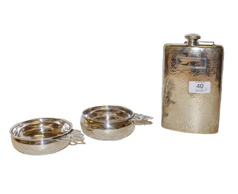 An American silver flask and two porringers, the flask by Webster Company, one porringer by Wallace, the other stamped 'Web',