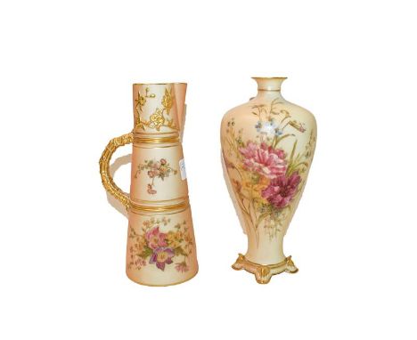 A 19th century Royal Worcester tusk jug painted with flowers on a peach ground with a gilded back finish handle, together wit