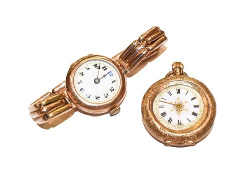 A lady's 9 carat gold enamel dial wristwatch with attached bracelet stamped on one link 9ct, together with a lady's enamel fo