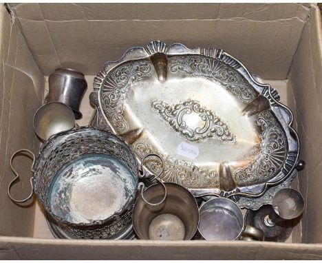 A collection of silver and silver plate, the silver including: a cased egg cup and spoon, an Indian dish, a pair of scent bot