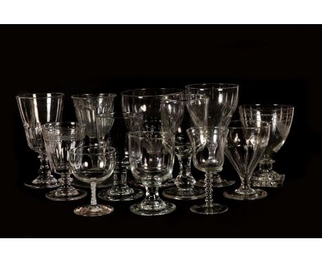 A tray of mainly Georgian glassware including rummers, one with etched bowl and raised on lemon squeezer base