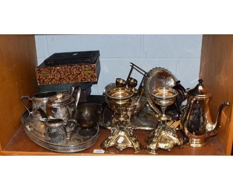A quantity of silver plate including a pair of Elkington &amp; Co comport bases, tea service, egg set on stand, and boxed exa