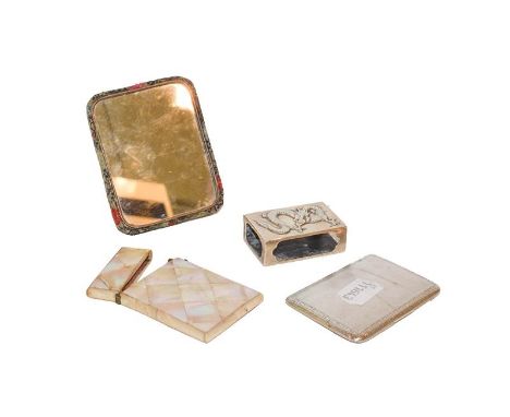 Four items comprising an oblong silver cigarette case with engine-turned decoration and Greek-key border, engraved internally