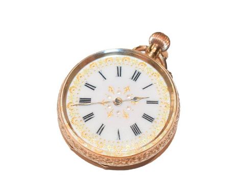 A Continental 14 carat gold lady's fob watch, Roman enamel dial, cased           