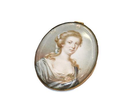 Lundberg: Miniature bust portrait of a Hedvig Charlotta Nordenflycht, her hair tied with a blue ribbon, wearing a sea-green d