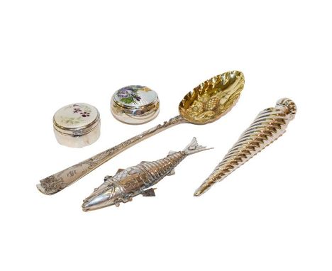 A collection of silver and objects of vertu, comprising a Victorian spiral-fluted scent bottle, 14.5cm long, a pill box, the 