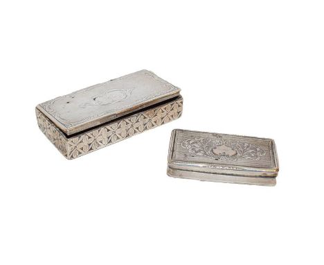 Two 19th century, variously decorated oblong silver snuff boxes, one with Town mark possibly a P or R crowned, the maker's ma