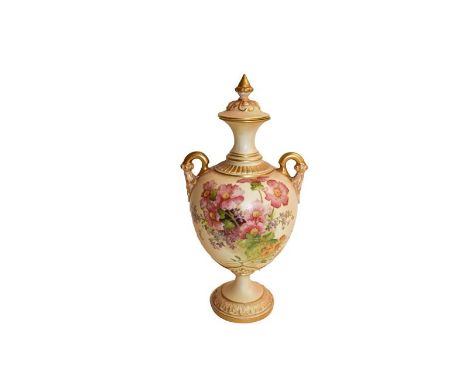 A Royal Worcester bulbous vase and cover painted with summer flowers on a peach ground with twin gilded handles, the flowers 