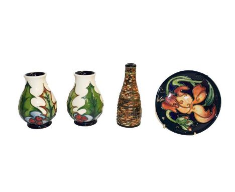 Two modern Moorcroft Holly pattern vases, designed by Phillip Gibson, 10cm, a Miss Alice Coaster, 12cm and a Botte kiln, 12cm