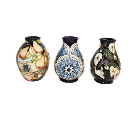Three modern Moorcroft vases, Cannon Hall, 13.5cm, Lady Victoria, 14cm and Mountain Gold, 14.5cm (3)