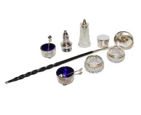 Silver toddy ladle, silver salts etc