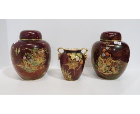 Two Carltonware Rouge Royale ginger jars, one decorated in the Temple pattern, the other with oriental figures, and a Spiders