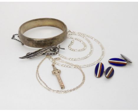 A white metal Iain MacCormick Iona cross and silver chain, a pair of enamel cufflinks and a bangle etc Condition Report:Condi