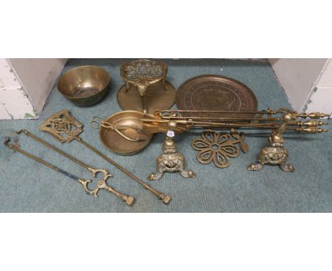 A lot of brass fire tools and other brassware Condition Report:Available upon request