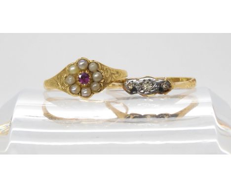 An 18ct gold three illusion set diamond ring, size R1/2, and a bright yellow metal ruby and pearl ring, size P, weight togeth