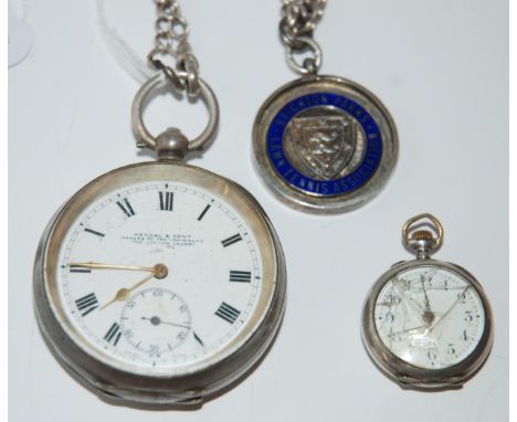 A silver cased pocket watch by Kendal &amp; Dent, watch chain, silver and enamel tennis medal, 1939 and ladies watch Conditio