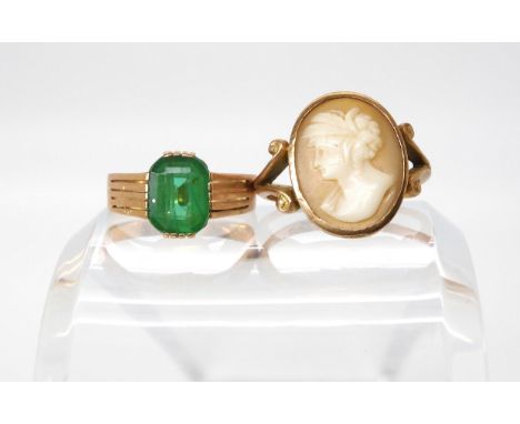 A 9ct gold cameo ring size approx R weight 3.4gms, and a 14k gold green glass set ring size R weight 2.3gms Condition Report: