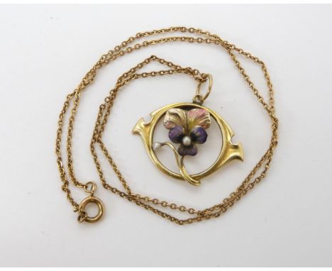 A yellow metal and enamel Art Nouveau pansy flower pendant set with fresh water pearls, dimensions 2.8cm x 2.8cm, with a 9ct 