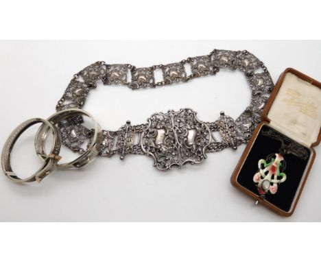 A silver buckle shaped bangle stamped 800, a silver and enamel Art Nouveau pendant and chain (af) and other items Condition R