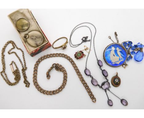 A silver and butterfly wing brooch depicting a reverse carved image of Cupid &amp; Psyche, amethyst fringe necklace and other