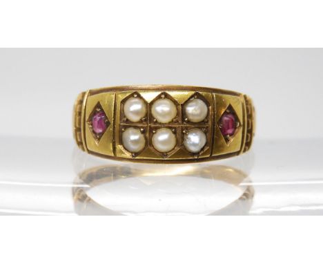 A 15ct gold pearl and ruby ring, hallmarked Chester 1886, finger size N, weight 2.8gms Condition Report:Available upon reques