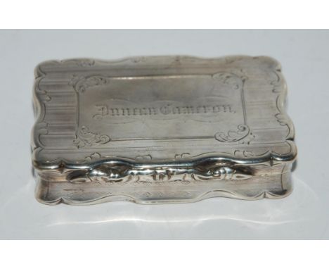 A Victorian silver snuff box, Birmingham 1856, rectangular with engine turned decoration and cartouche inscribed "Duncan Came