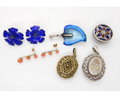 A Russian silver button, Two white metal lockets one with hair panel under glazed panel, silver gilt coral earrings, and Orie