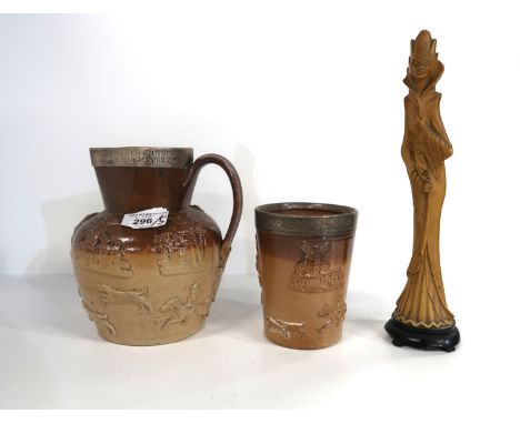 A Royal Doulton silver topped salt glazed stoneware pitcher &amp; beaker engraved "Princes Club Handicap Presented by Pender 