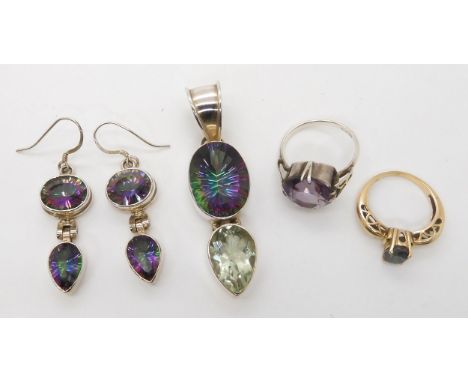 A 9ct gold mystic topaz ring size M1/2, weight 3.1gms, a silver mystic topaz pendant with similar earrings, and an amethyst r