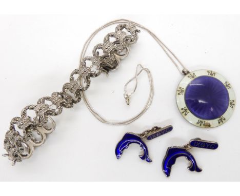 A pair of silver and enamel fish cufflinks, a silver guilloche enamel pendant and a marcasite white metal bracelet Condition 