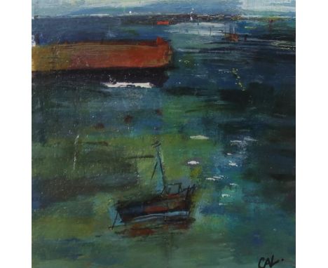 CIARA LEWIS (IRISH CONTEMPORARY)&nbsp; BOATS IN THE SEA Oil on paper, signed lower right, 17 x 17cm, together with a Russian 