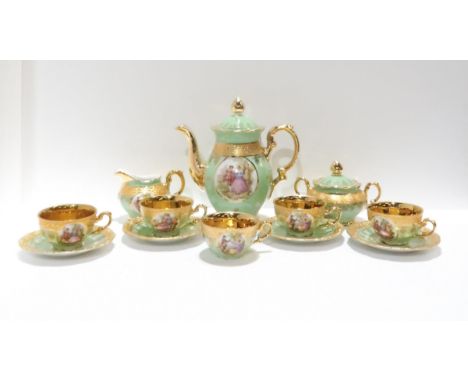 A Royal Bavaria green ground and gilt decorated tea service decorated with cartouches of courting couples Condition Report:Th