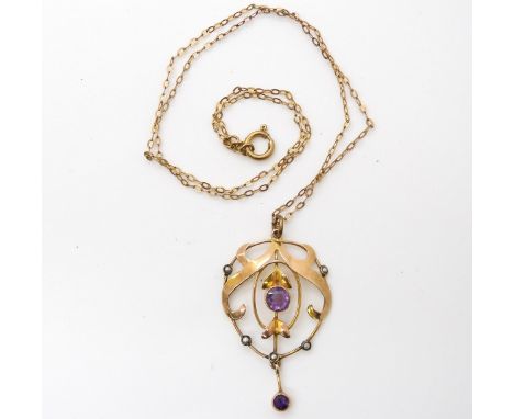 A yellow metal Edwardian amethyst and pearl pendant with 9ct chain, weight together 2.8gms Condition Report:Available upon re