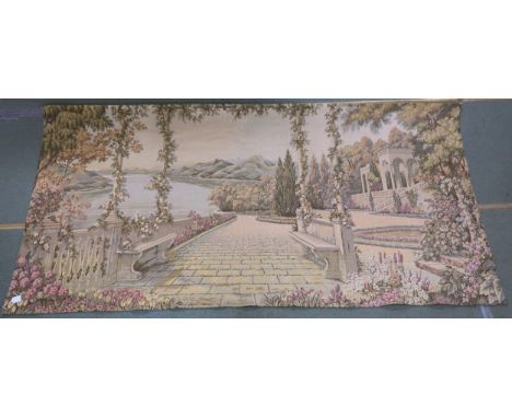 A contemporary hanging wall tapestry depicting a continental garden, 132cm high x 261cm wide Condition Report:Weave of tapest