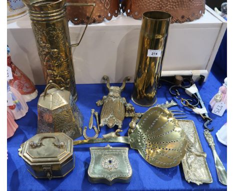 A quantity of brassware including a chased pitcher, a brass wall mounting bell etc Condition Report:Available upon request