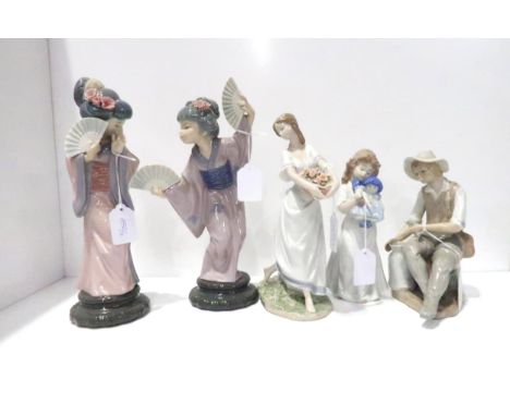 Two Lladro Geishas, a girl holding flowers, a Nao girl holding a doll and another figure (5) Condition Report:Geisha with two