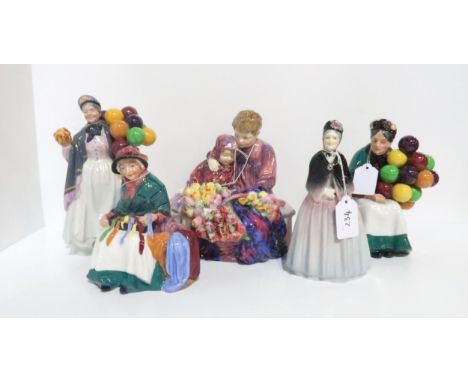 Royal Doulton figure Flower Sellers Children, Silk and Ribbons, The Old Balloon Seller, Biddy Pennyfarthing &amp; a Carltonwa
