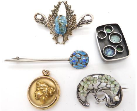 A French silver Art Nouveau enamel brooch, of blossom with a pearl, a Bernard Instone style bar brooch a gold plated Edwardia