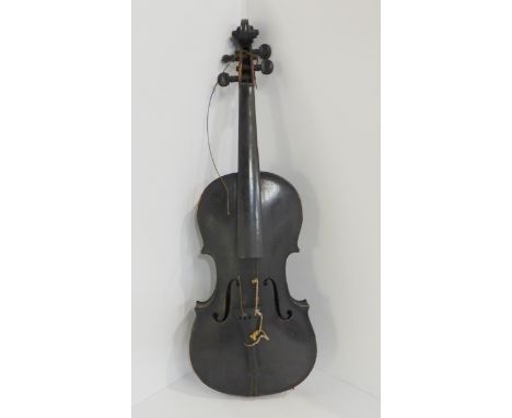 A one piece back violin 36cm with a bow, wooden case and ceramic resin holder by R.R. Shields Manchester Condition Report:Ava