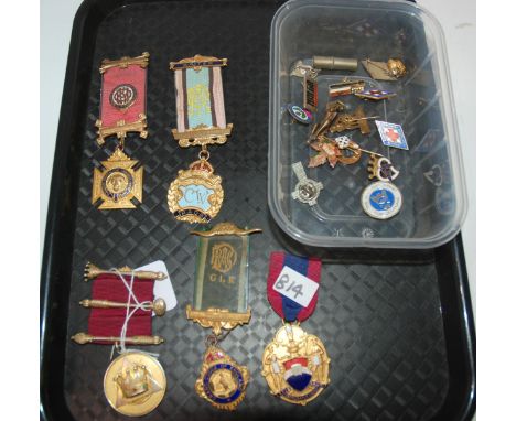 A lot comprising one silver gilt Masonic medal, four gilt metal medals with a selection of small enamel badges Condition Repo